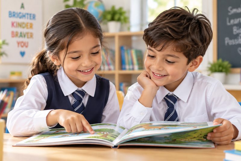 Two pupils in uniform reading a picture book together at a desk